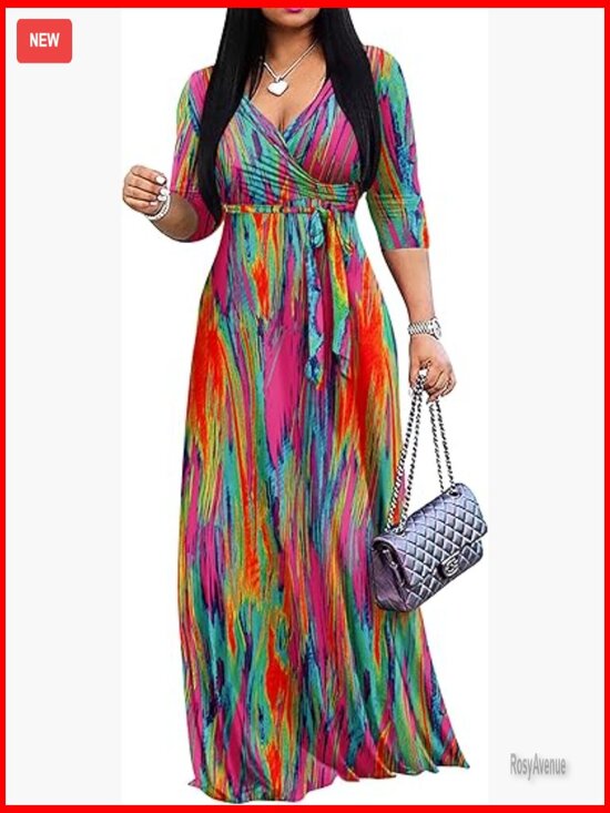 Dresses & Skirts - V Neck Wrap Maxi Dress with Tie Belt 3/4 Sleeve